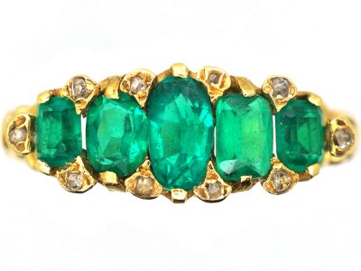 Victorian 18ct Gold, Five Stone Emerald Ring with Diamond Points