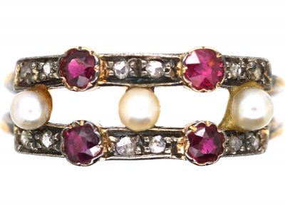 Early 20th Century Ruby, Natural Pearls & Rose Diamond Ring