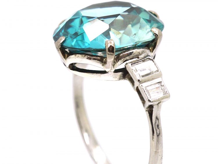 Art Deco Platinum Ring set with a Large Zircon with Baguette Diamond Shoulders