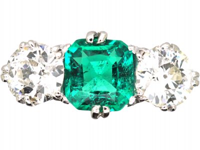 Early 20th Century Platinum, Colombian Emerald & Diamond Three Stone Ring