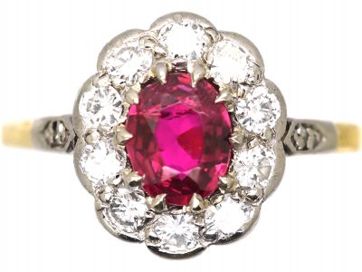 Edwardian 18ct Gold, Ruby & Diamond Cluster Ring with Diamond Set Shoulders