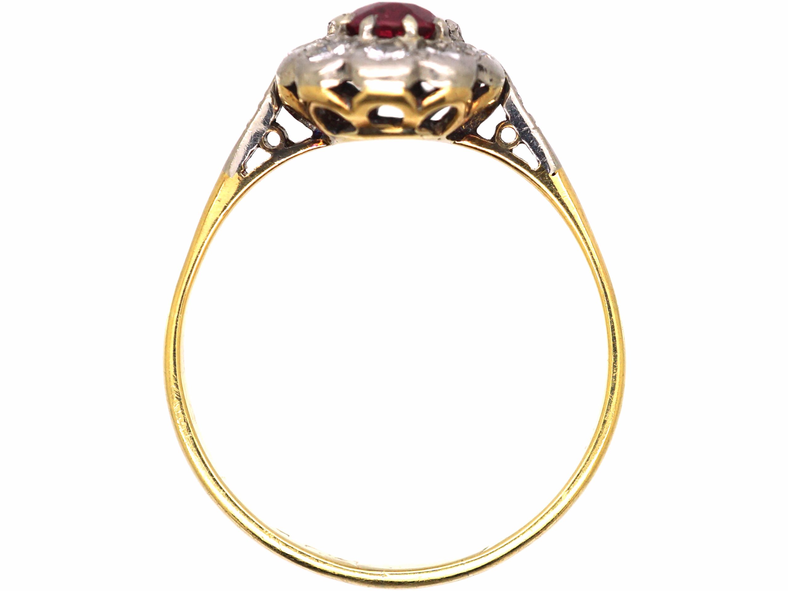 Edwardian 18ct Gold, Ruby & Diamond Cluster Ring with Diamond Set ...