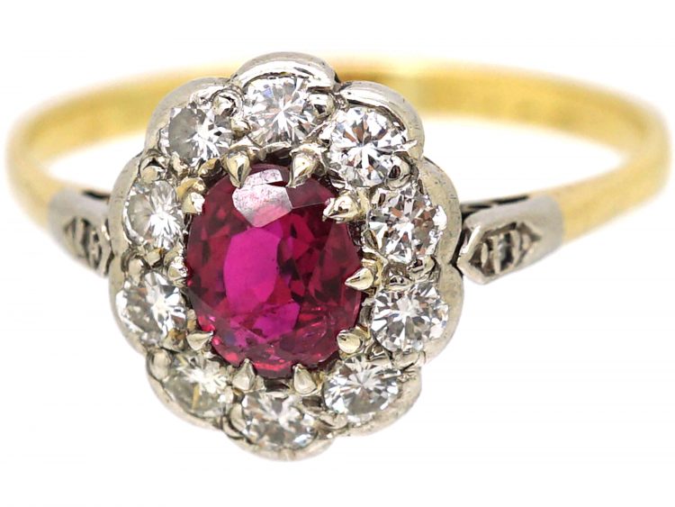 Edwardian 18ct Gold, Ruby & Diamond Cluster Ring with Diamond Set Shoulders