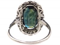 Art Deco 14ct White Gold Ring set with a Large Teal Coloured Sapphire Surrounded by Diamonds