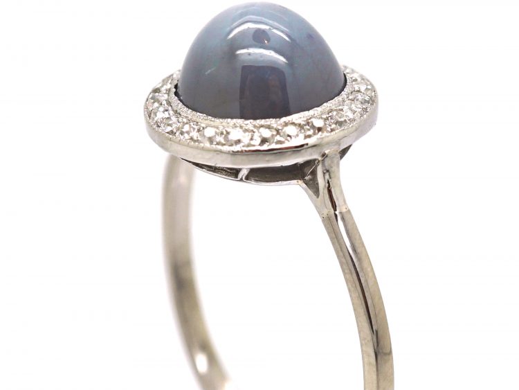 Early 20th Century 18ct White Gold, Cabochon Cut Star Sapphire & Diamond Cluster Ring