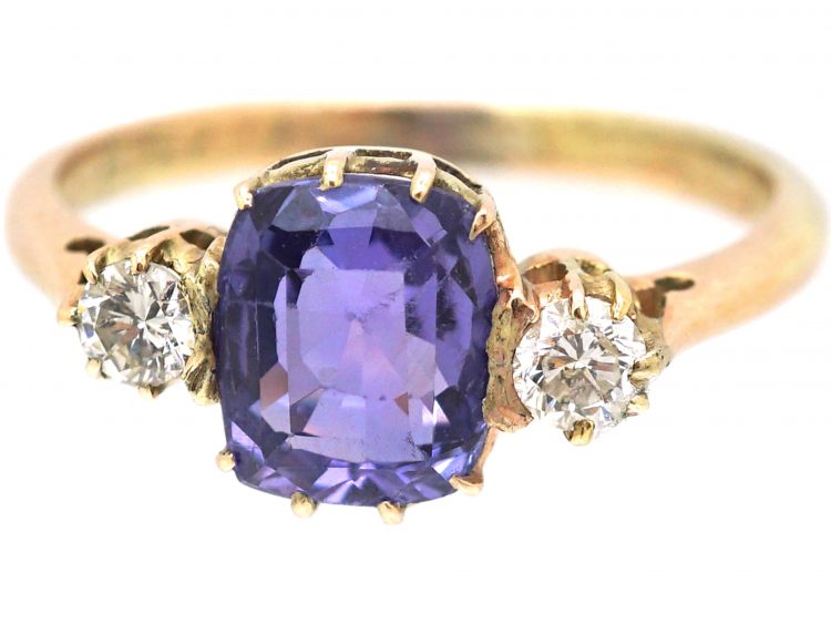 Edwardian 18ct Gold, Rectangular Sapphire & Diamond Three Stone Ring