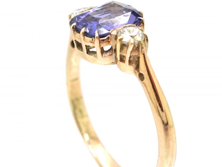 Edwardian 18ct Gold, Rectangular Sapphire & Diamond Three Stone Ring