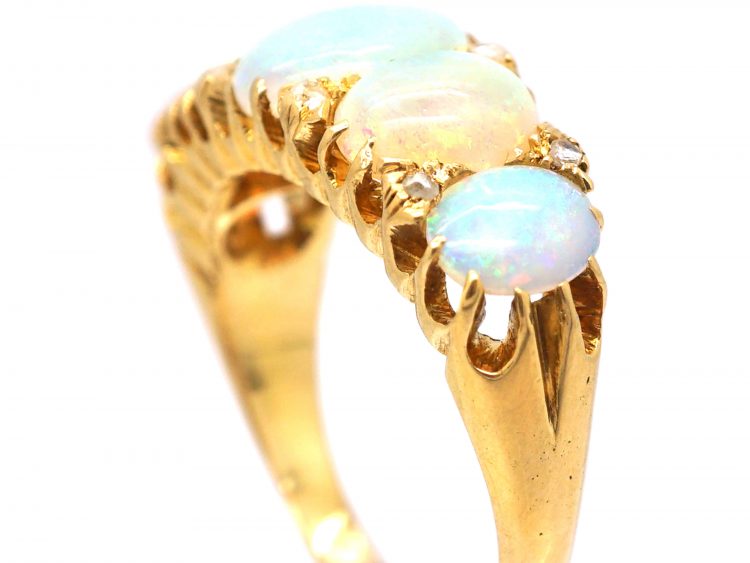 Edwardian 18ct Gold Five Stone Cabochon Opal Ring with Diamond Points