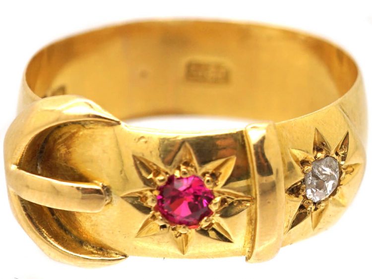 Edwardian 18ct Gold Wide Buckle Ring set with a Ruby & a Diamond
