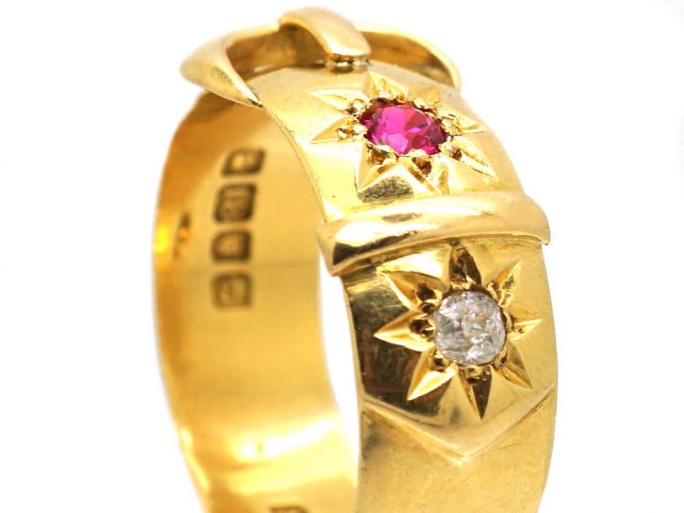Edwardian 18ct Gold Wide Buckle Ring set with a Ruby & a Diamond
