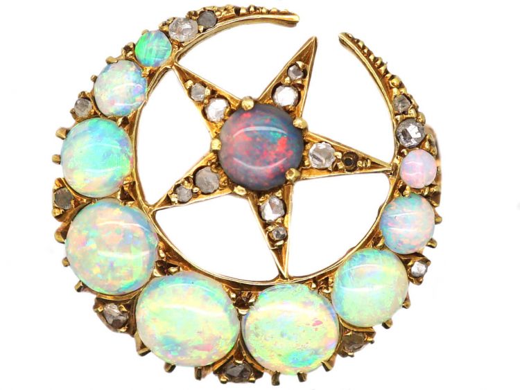 Victorian 15ct Gold Crescent Brooch set with a Black Opal, Opals & Rose Diamonds