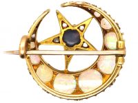 Victorian 15ct Gold Crescent Brooch set with a Black Opal, Opals & Rose Diamonds