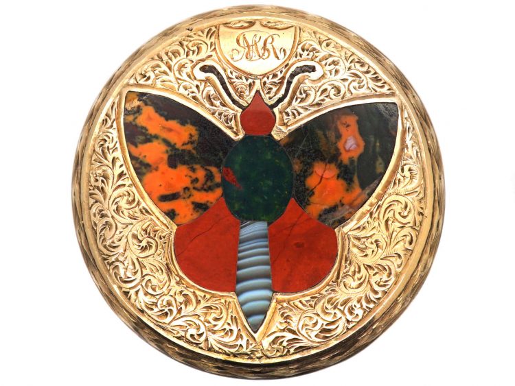 19th Century Scottish 9ct Gold Round Brooch with Butterfly set with Agates