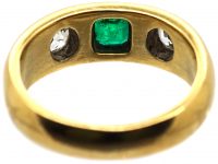 Edwardian 18ct Gold, Emerald & Diamond Three Stone Rub Over Set Ring