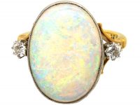 Edwardian 18ct Gold & Platinum Large Opal Ring with Diamond Set Shoulders