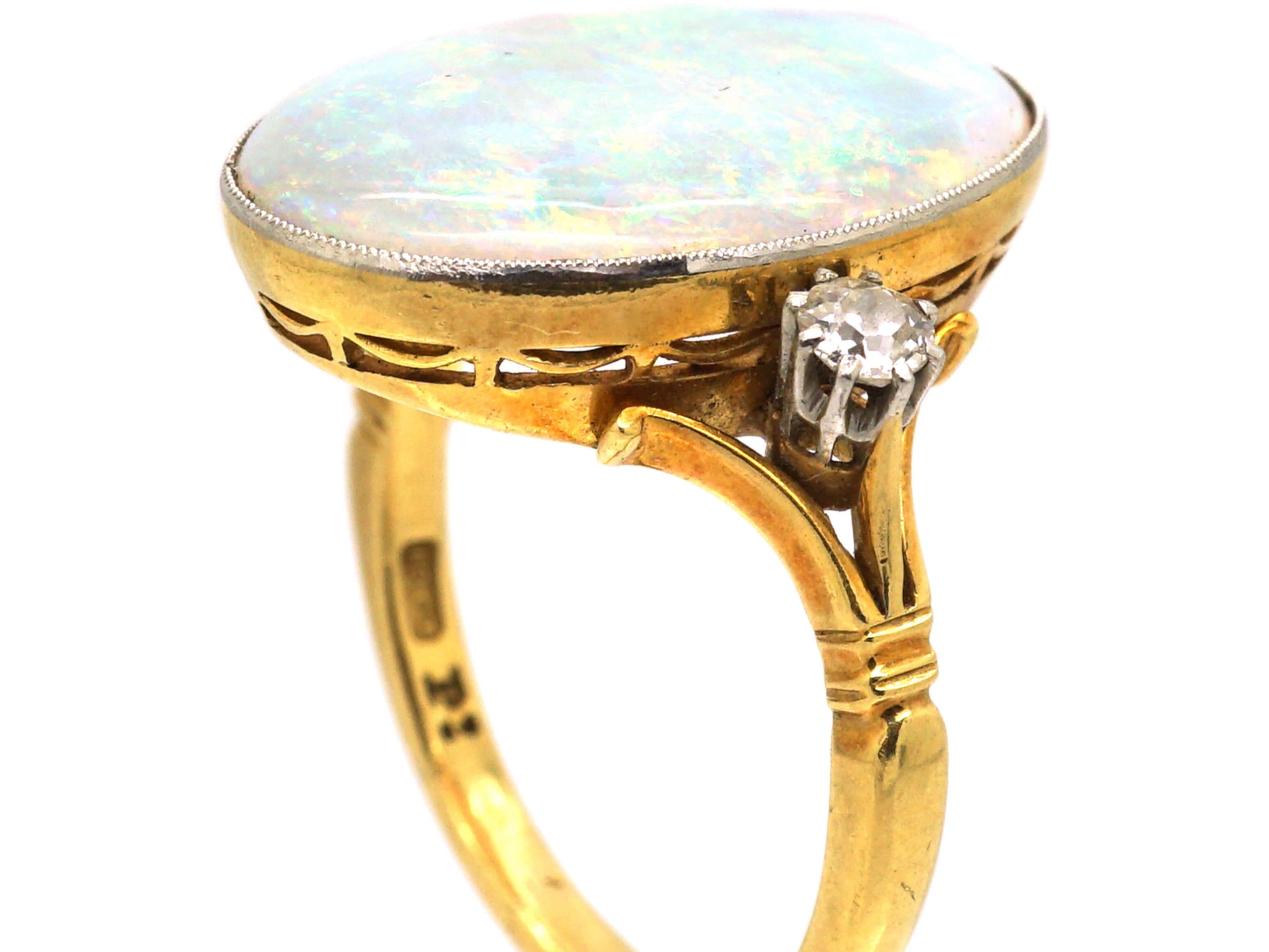 Edwardian 18ct Gold & Platinum Large Opal Ring with Diamond Set ...