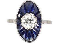 French Art Deco 18ct White Gold, Diamond & Sapphire Oval Ring