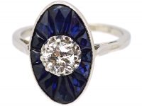French Art Deco 18ct White Gold, Diamond & Sapphire Oval Ring
