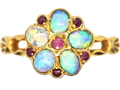 Edwardian 18ct Gold, Opal & Ruby Cluster Ring