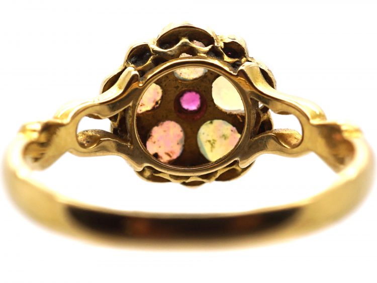 Edwardian 18ct Gold, Opal & Ruby Cluster Ring