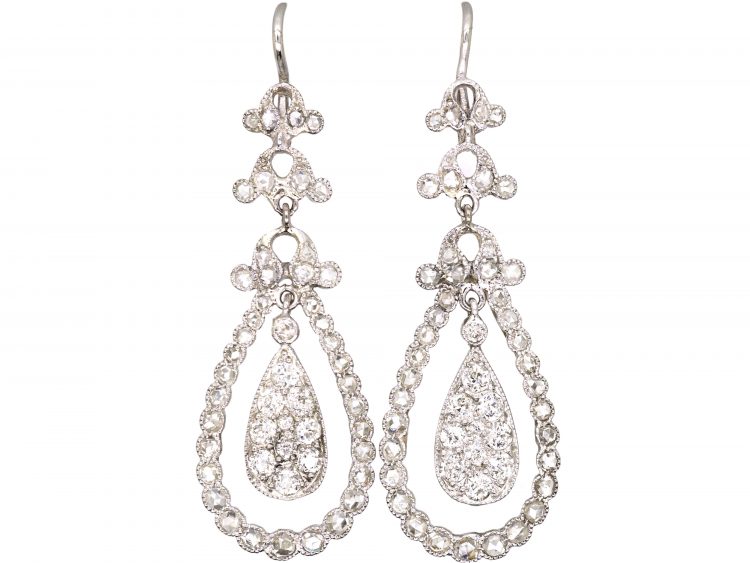 Edwardian Platinum Pear Shaped Drop Earrings set with Diamonds