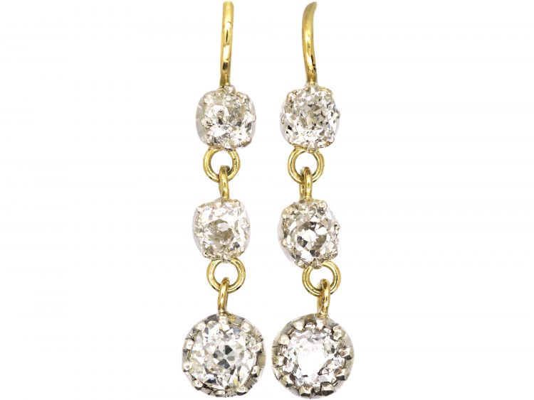 Victorian 18ct Gold Drop Earrings set with Three Old Mine Cut Diamonds