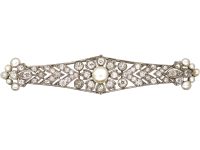 Early 20th Century 18ct White Gold, Diamond & Natural Pearl Brooch by Sybil Dunlop in Original Case