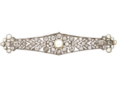 Early 20th Century 18ct White Gold, Diamond & Natural Pearl Brooch by Sybil Dunlop in Original Case