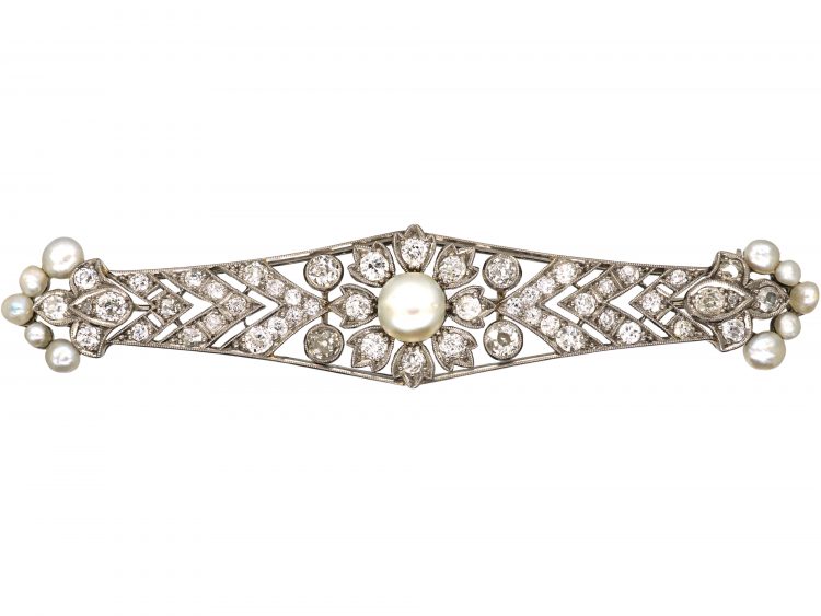 Early 20th Century 18ct White Gold, Diamond & Natural Pearl Brooch by Sybil Dunlop in Original Case