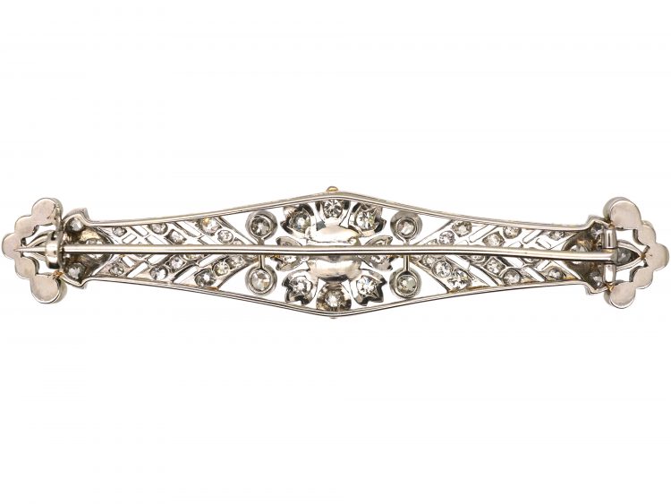 Early 20th Century 18ct White Gold, Diamond & Natural Pearl Brooch by Sybil Dunlop in Original Case