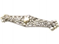 Early 20th Century 18ct White Gold, Diamond & Natural Pearl Brooch by Sybil Dunlop in Original Case