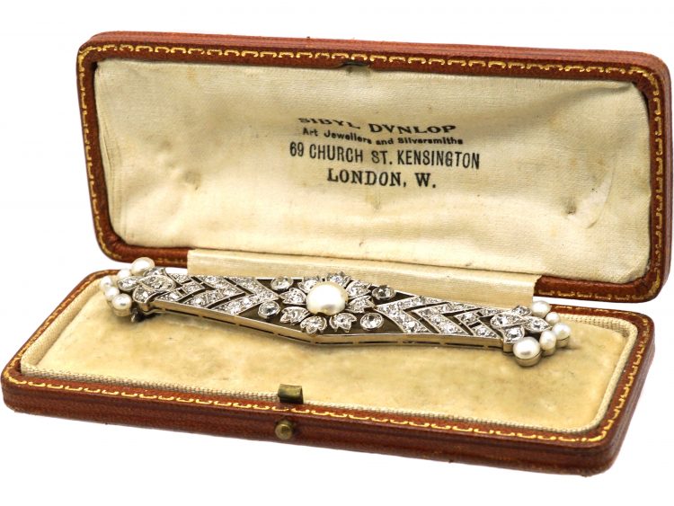 Early 20th Century 18ct White Gold, Diamond & Natural Pearl Brooch by Sybil Dunlop in Original Case