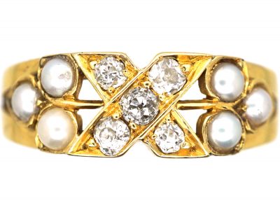 Edwardian 18ct Gold Kiss Ring set with Diamonds & Pearls