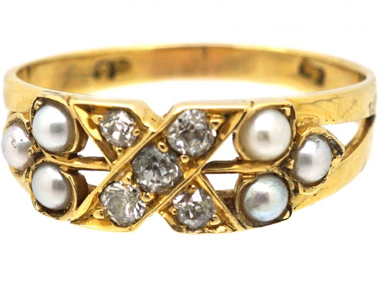 Edwardian 18ct Gold Kiss Ring set with Diamonds & Pearls
