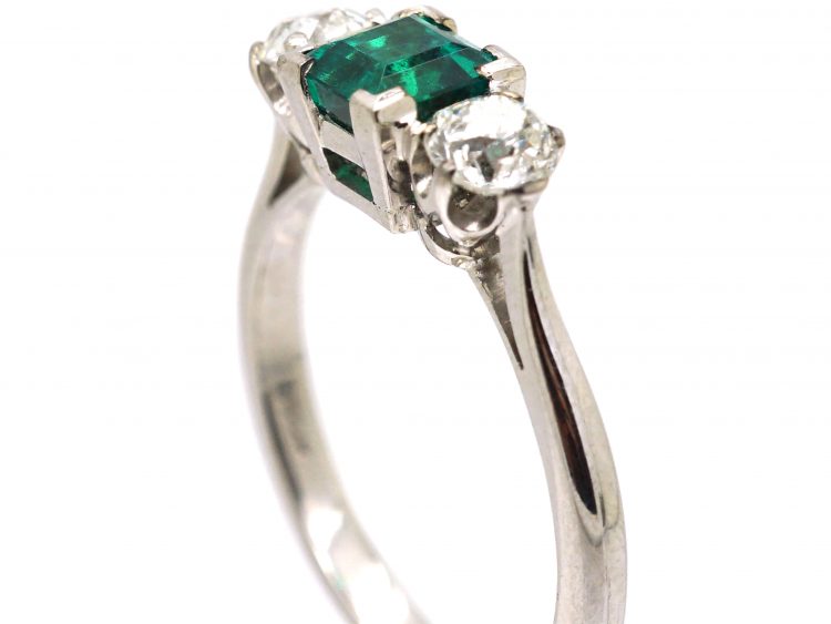 Early 20th Century 18ct White Gold, Emerald & Diamond Three Stone Ring