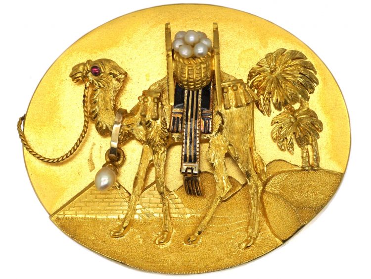 Victorian 18ct Gold Camel Brooch with Natural Pearl & Enamel Detail