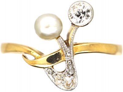 Art Nouveau 18ct Gold & Platinum Flower Sprig Ring set with Diamonds & a Natural Pearl