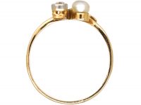 Art Nouveau 18ct Gold & Platinum Flower Sprig Ring set with Diamonds & a Natural Pearl