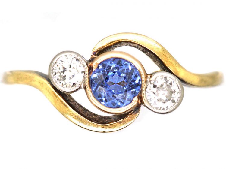 Edwardian 18ct Gold & Platinum, Sapphire & Diamond Three Stone Crossover ring
