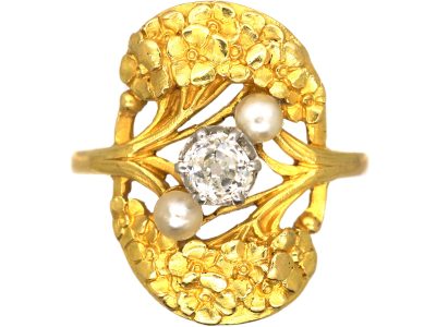 French 18ct Gold Art Nouveau Ring set with a Diamond & Pearls