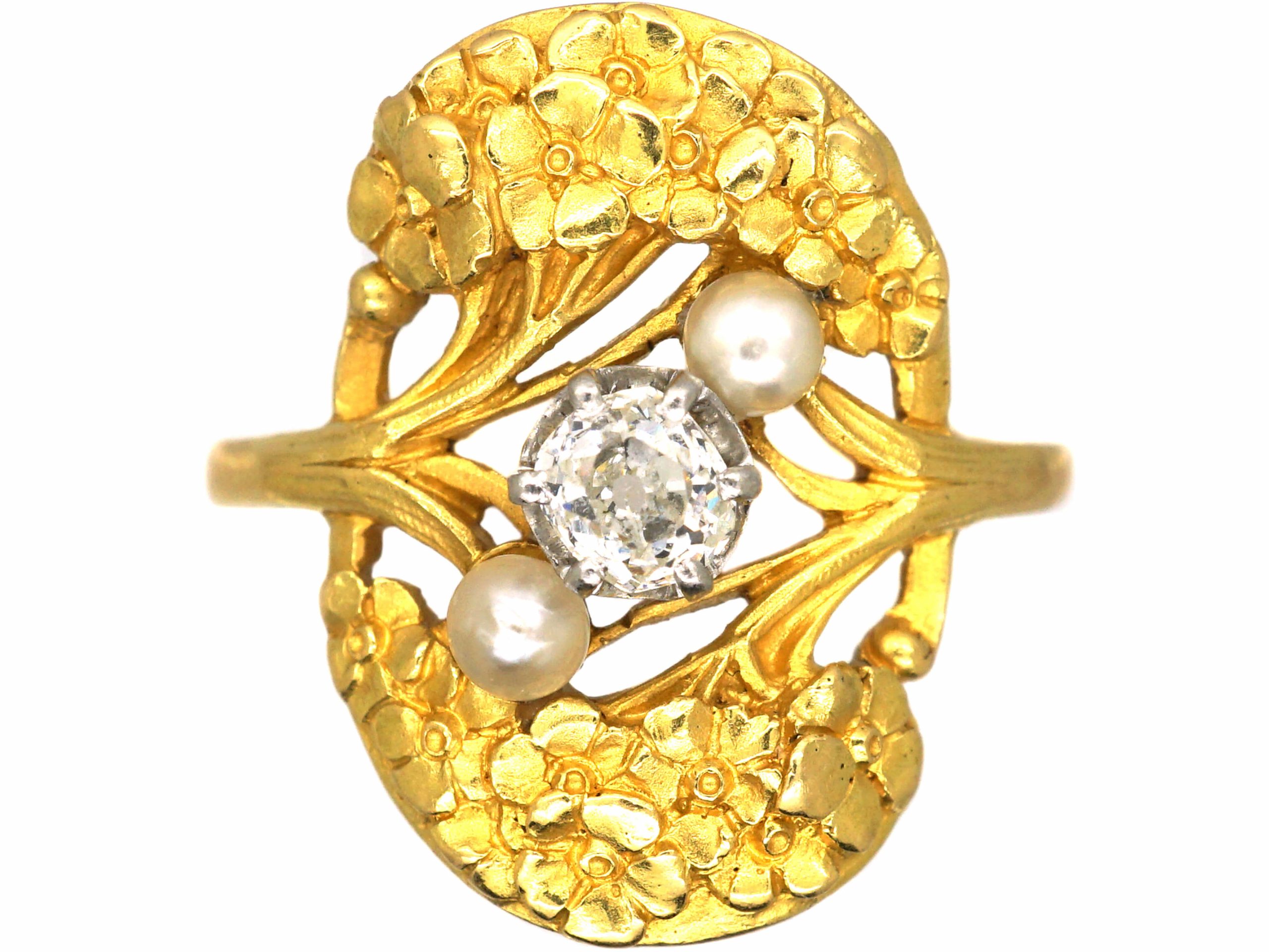 French 18ct Gold Art Nouveau Ring set with a Diamond & Pearls