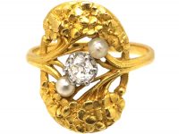 French 18ct Gold Art Nouveau Ring set with a Diamond & Pearls