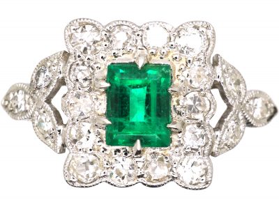 Early 20th Century Platinum, Emerald & Diamond Ring with Diamond Set Shoulders