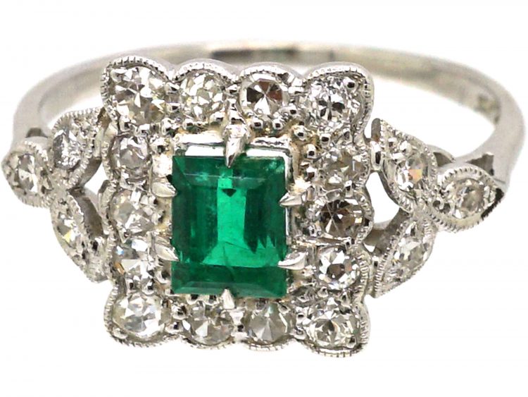 Early 20th Century Platinum, Emerald & Diamond Ring with Diamond Set Shoulders