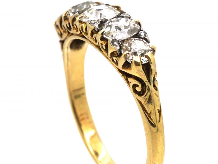 Victorian 18ct Gold, Five Stone Diamond Carved Half Hoop Ring
