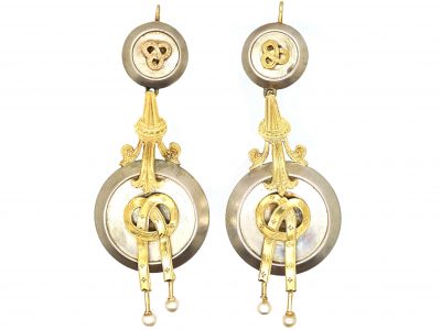 Victorian Silver & Gold Long Drop Earrings with Knot & Natural Pearl Detail