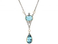 Edwardian Platinum & 15ct Gold Aquamarine,Rose Diamond & Natural Pearl Pendant on a Platinum Chain