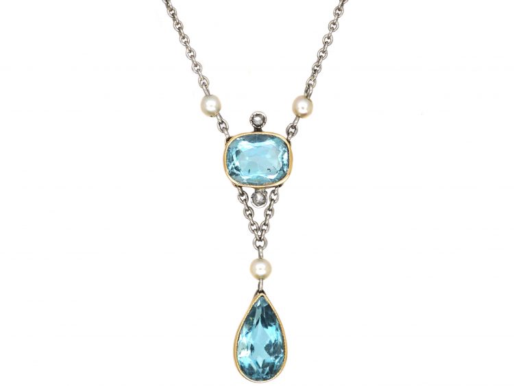 Edwardian Platinum & 15ct Gold Aquamarine,Rose Diamond & Natural Pearl Pendant on a Platinum Chain