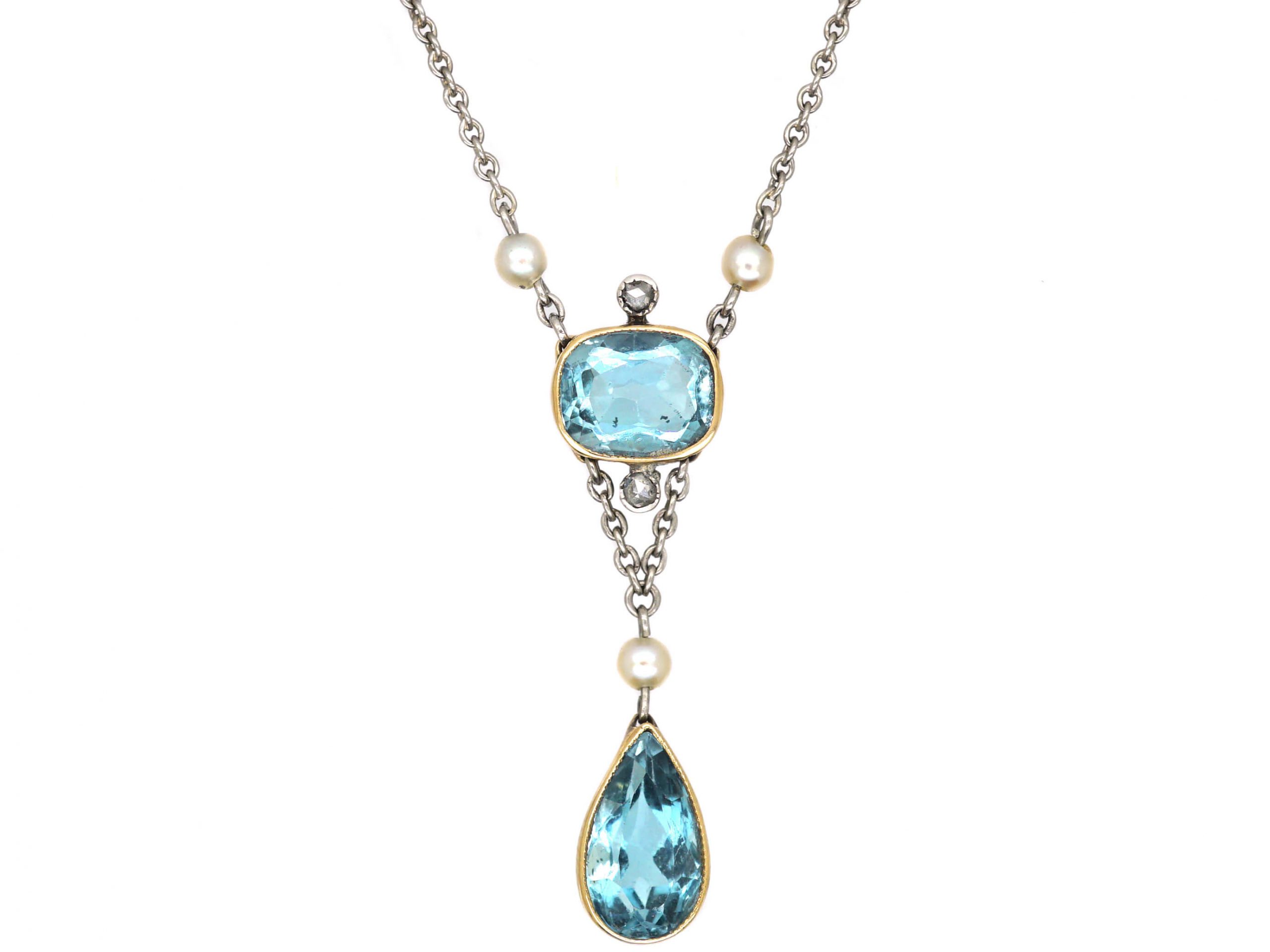 Edwardian Platinum And 15ct Gold Aquamarinerose Diamond And Natural Pearl Pendant On A Platinum 2804