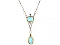 Edwardian Platinum & 15ct Gold Aquamarine,Rose Diamond & Natural Pearl Pendant on a Platinum Chain